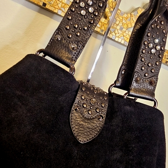 G SERIES Blk Suede Rhinestone Emb. Tassel Fringe Handbag-EUC - Picture 8 of 8